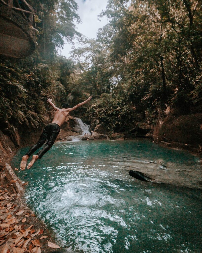 man diving at water under green trees